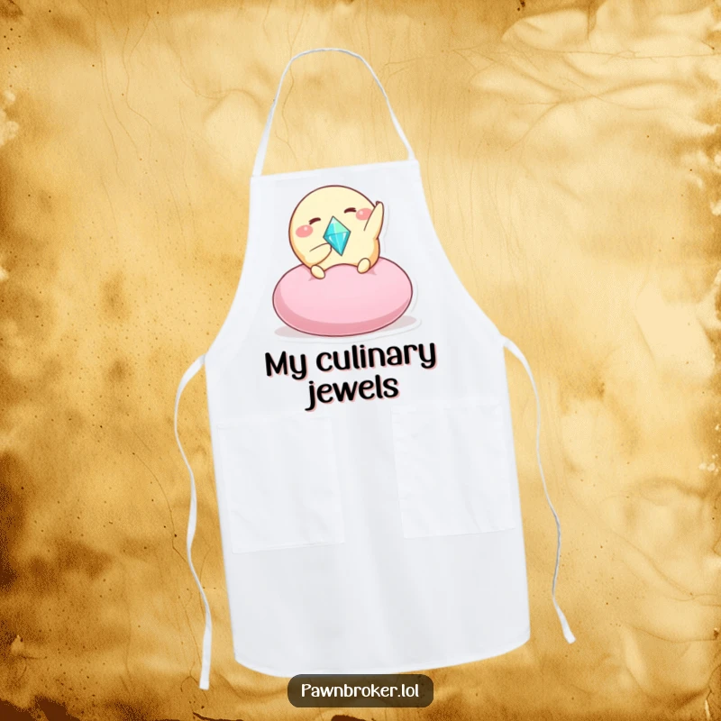 Funny apron featuring a round creature offering a sparkling gem on a plush cushion, ideal for chefs who love to add humor to their kitchen.