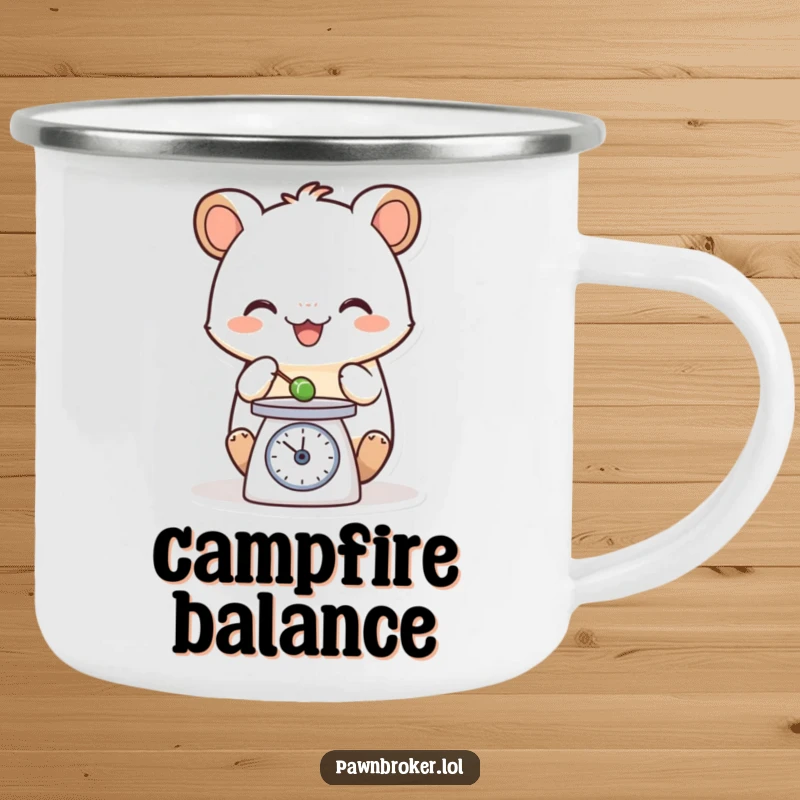 Funny camping mug depicting a happy creature carefully weighing a tiny object on a small scale, designed for adventurers who appreciate precision.
