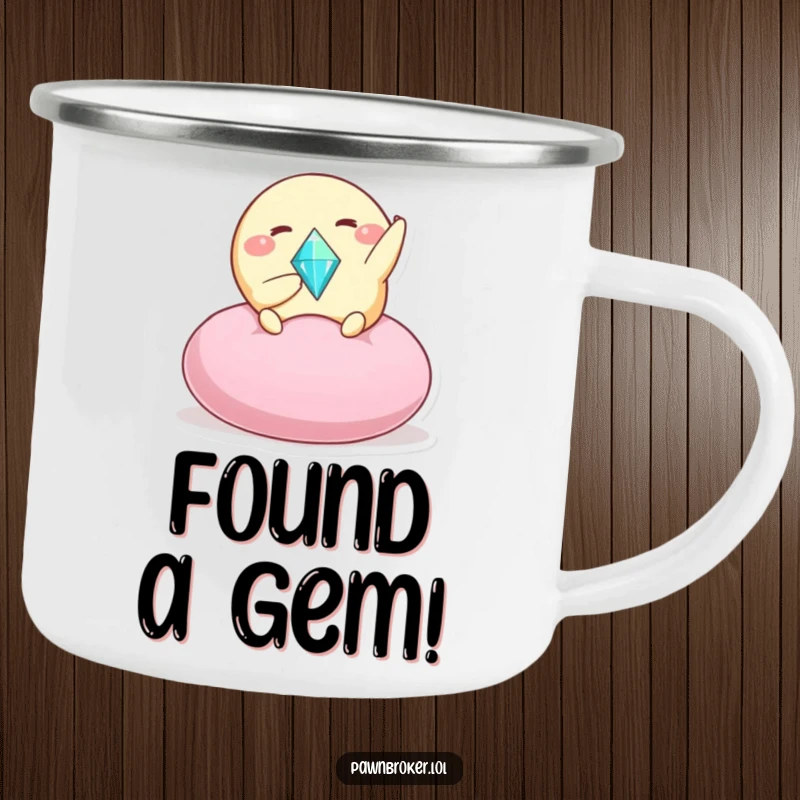 Funny camping mug depicting a round creature presenting a sparkling gem on a cushion, designed for adventurers who appreciate humor and treasure.