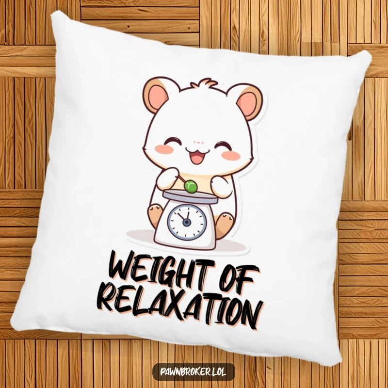 Funny pillow showcasing a happy creature carefully weighing an object on a small scale, providing comfort and a humorous visual accent.