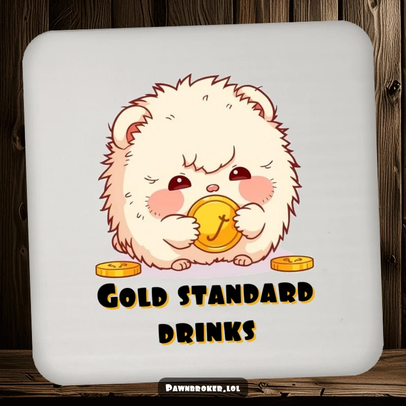 Funny drink coaster featuring a fluffy creature gazing curiously at a golden coin, adding a humorous and thoughtful touch to any tabletop.