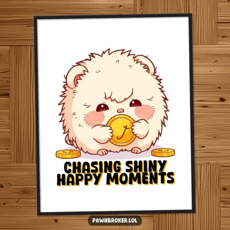 Funny Free Printable Wall Art: small, fluffy creature gazing curiously at a golden coin. Humorous, downloadable art for your home.