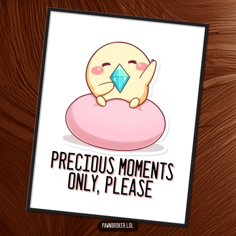 Funny Free Printable Wall Art: round creature excitedly offering a sparkling gem on a plush cushion. Humorous, downloadable art.