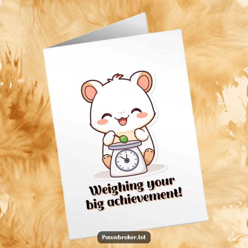 Funny Free Printable Congratulations Card: happy creature carefully weighing a tiny object on a small scale. A humorous and balanced downloadable.