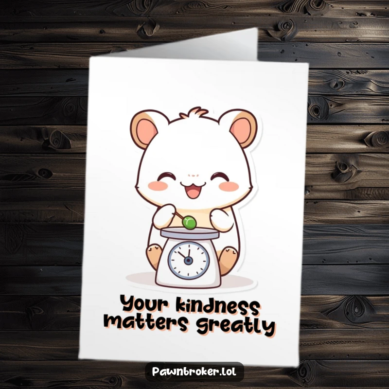 Funny Free Printable Thank You Card: happy creature carefully weighing a tiny object on a small scale. A humorous and thankful downloadable.