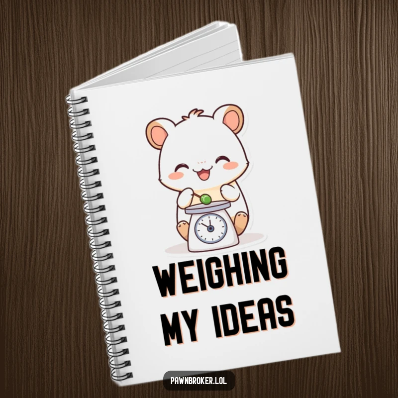 Funny notebook cover featuring a happy creature carefully weighing a tiny object on a small scale, perfect for capturing thoughts with humor.