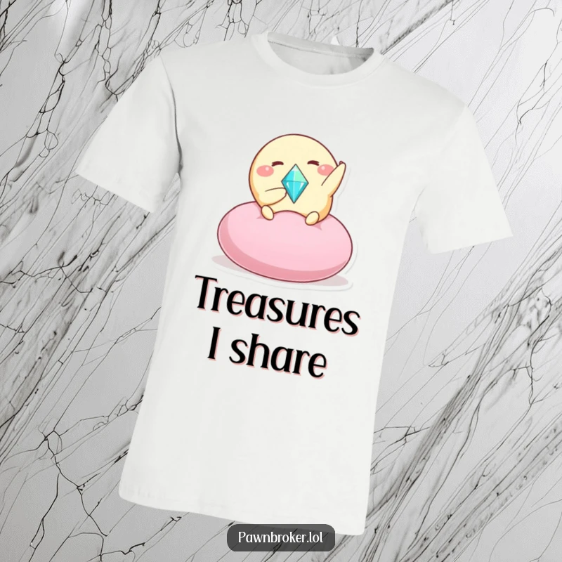 Funny t-shirt depicting a round creature presenting a glittering gem on a soft cushion, exuding charm and comedic generosity.